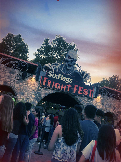 Six Flags Fright Fest entrance sign welcomes attendees. 