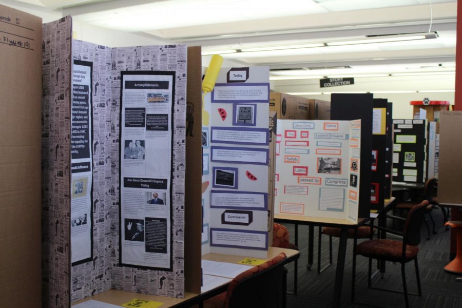 History Fair projects are on display in the library. 