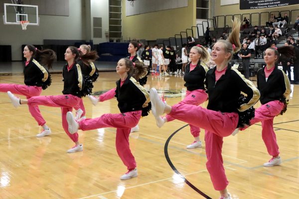 The dance team performs at half-time of the basketball games.